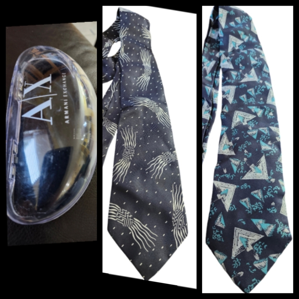 (2) Giorgio Armani Vintage Silk Ties & Armani Exchange Sun Glasses Case●